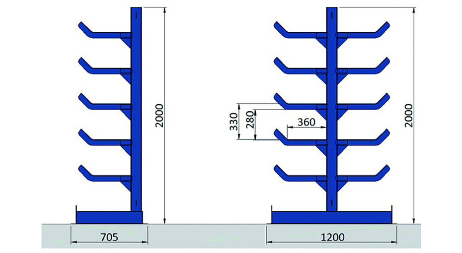 Kragarmregalsystem Clampfix, Ausführung als Doppelregal mit einem Grund- und einem Anbaufeld