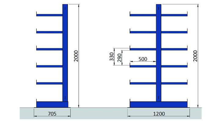 Seitenansicht Solidfix Standard-Ausführung, alle Kragarme 500 mm lang